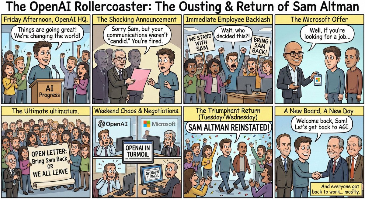 KI-generierter Comic-Strip über das OpenAI-Board-Drama mit korrekter Textdarstellung, erstellt mit Nano Banana 2