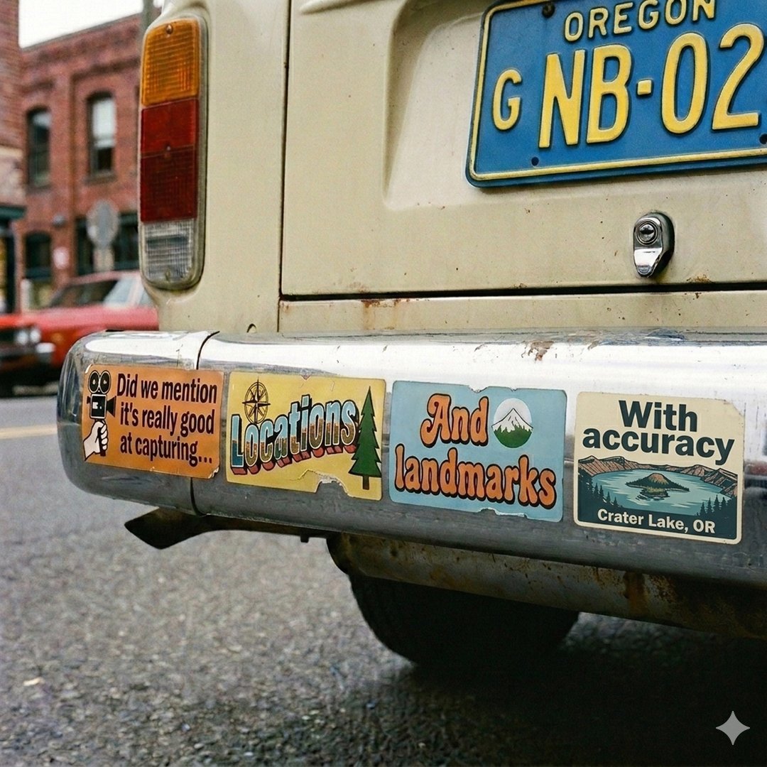 KI-generierte Retro-Van-Aufkleber über Orte und Sehenswürdigkeiten mit Text, erstellt mit Nano Banana 2