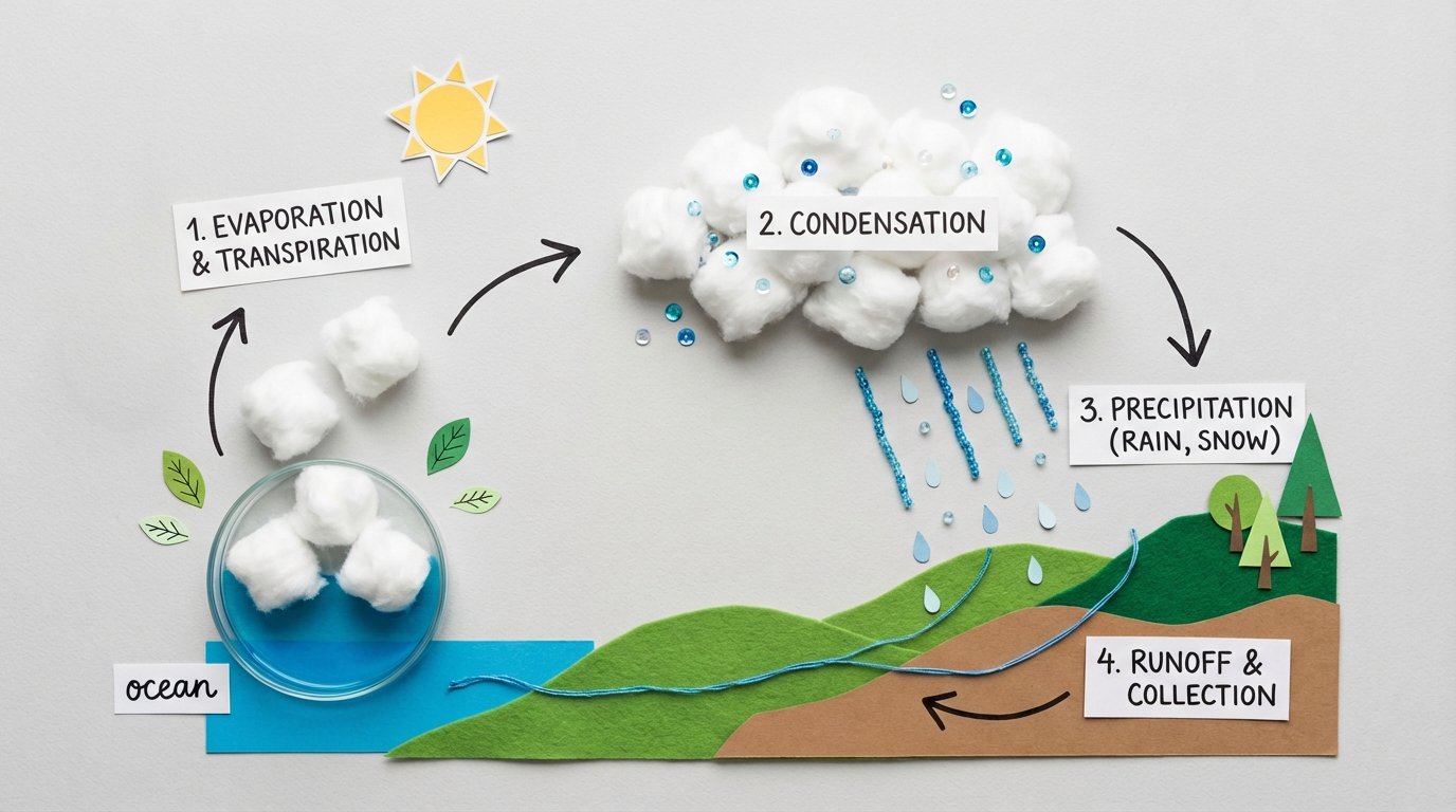 KI-generiertes pädagogisches Wasserkreislauf-Diagramm im Bastelpapier-Kunststil, erstellt mit Nano Banana 2
