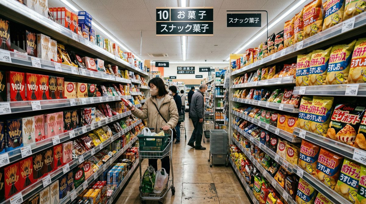 KI-generierter japanischer Supermarktgang mit korrektem Text auf Snackpackungen, erstellt mit Nano Banana 2