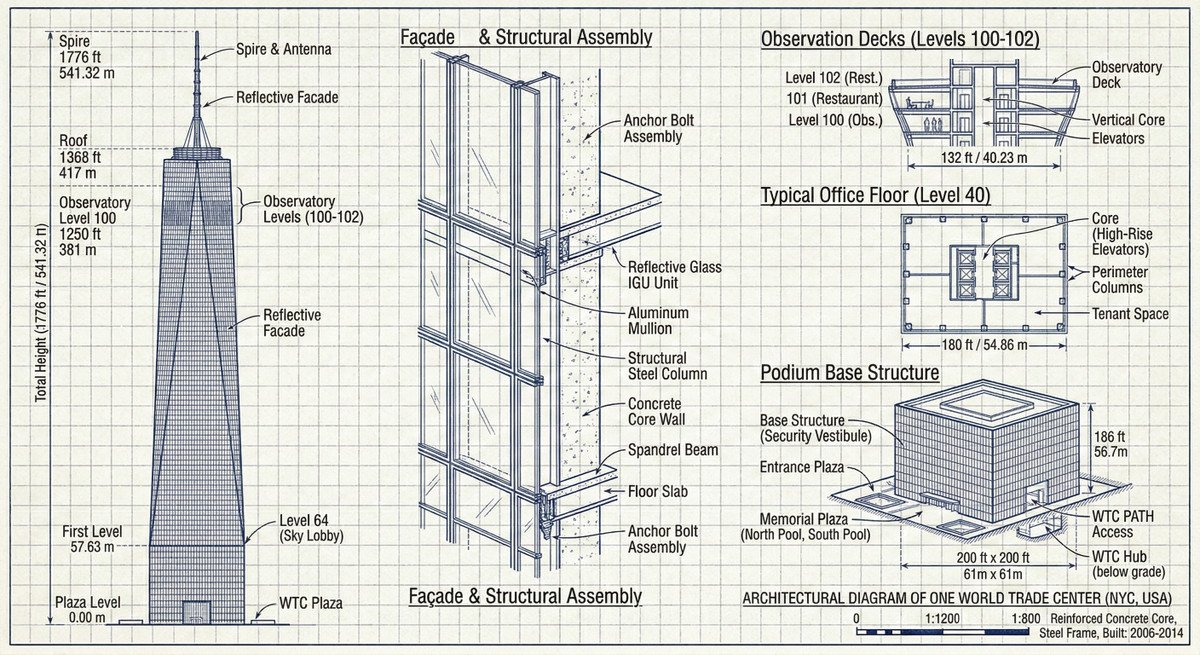 KI-generiertes Architektur-Blaupausen-Diagramm des One World Trade Center, erstellt mit Nano Banana 2